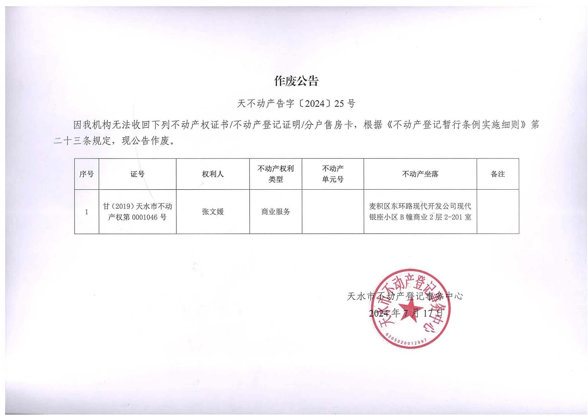 作废公告(张文媛)